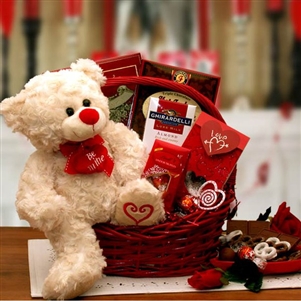 Valentines Gift Basket with Teddy Bear and Chocolates